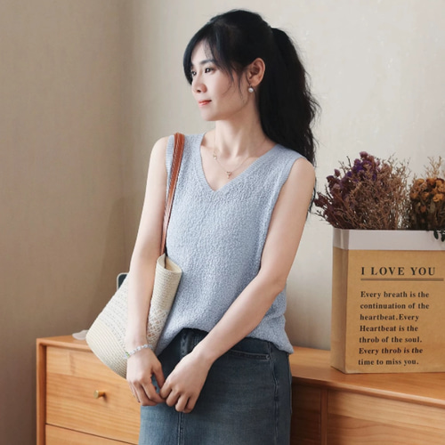 レディース ノースリーブニットベスト 夏用薄手 Vネック シンプルT