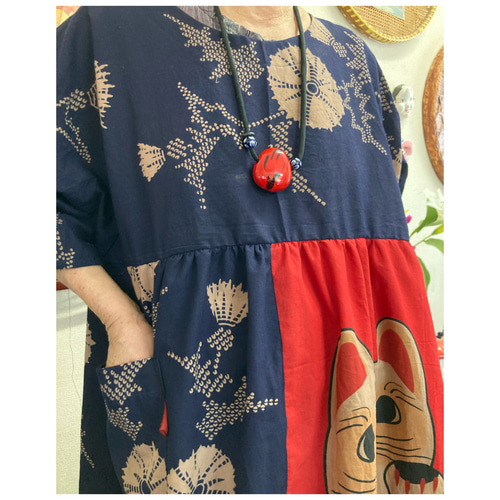 浴衣と猫柄の手ぬぐいの柿渋染めワンピース 浴衣リメイク ワンピース