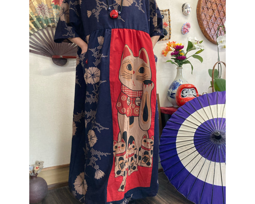 浴衣と猫柄の手ぬぐいの柿渋染めワンピース 浴衣リメイク ワンピース