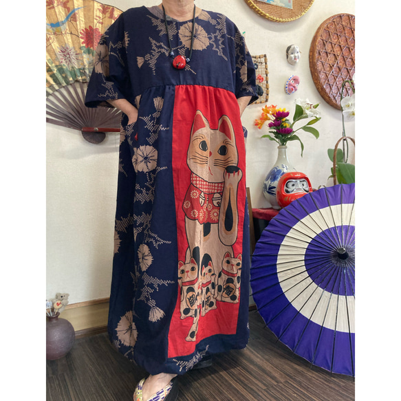 浴衣と猫柄の手ぬぐいの柿渋染めワンピース 浴衣リメイク ワンピース