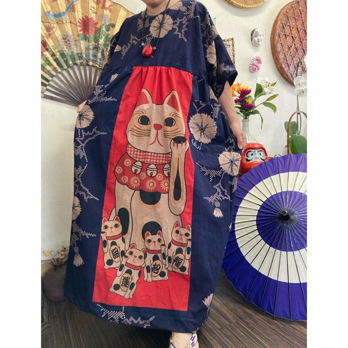 浴衣と猫柄の手ぬぐいの柿渋染めワンピース 浴衣リメイク ワンピース