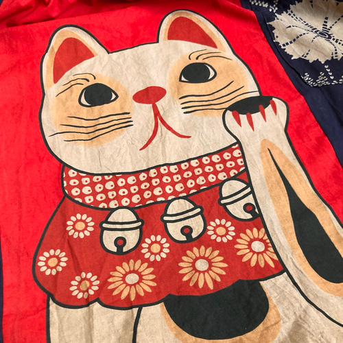 浴衣と猫柄の手ぬぐいの柿渋染めワンピース 浴衣リメイク ワンピース