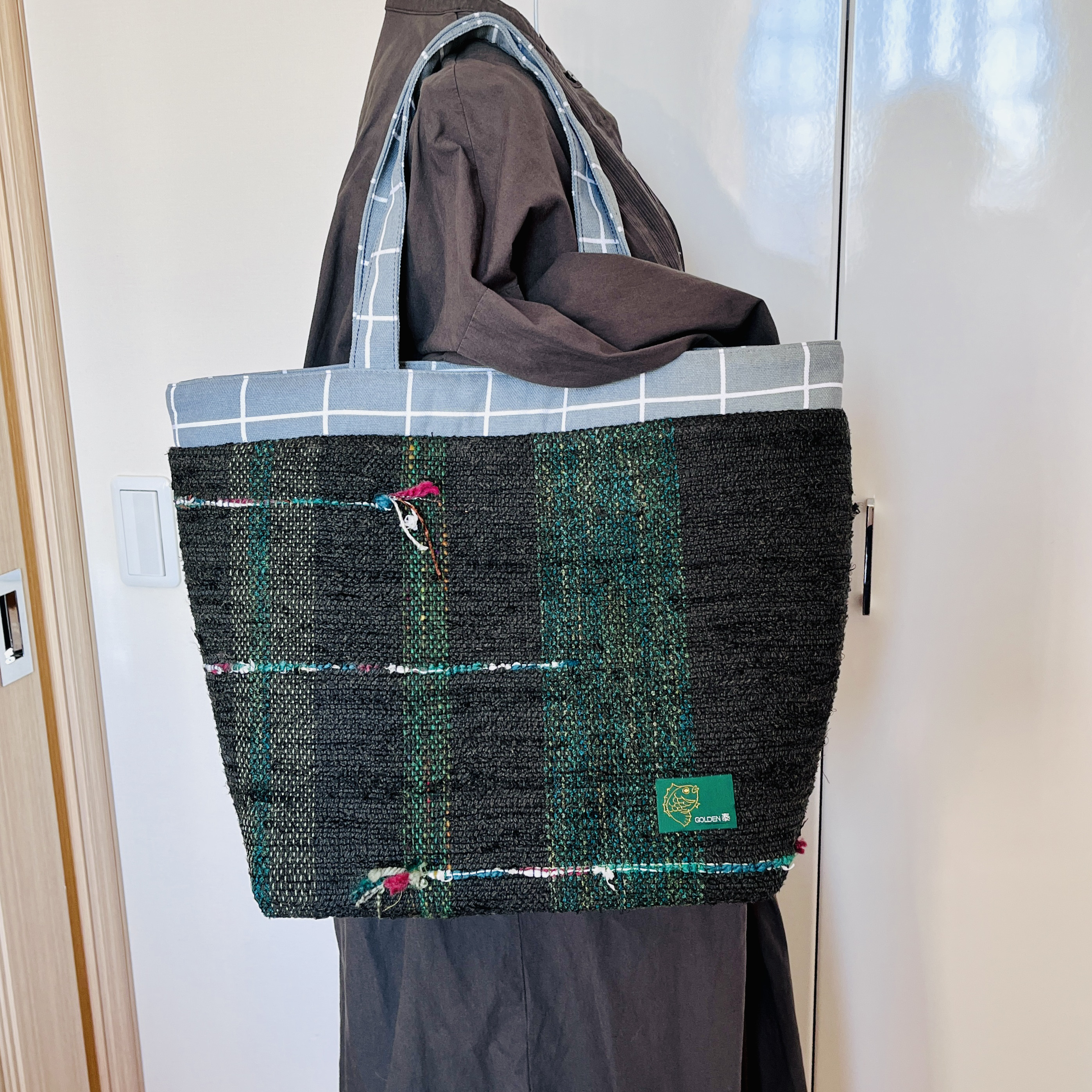 裂き織り仕立てビッグトートバック（森）