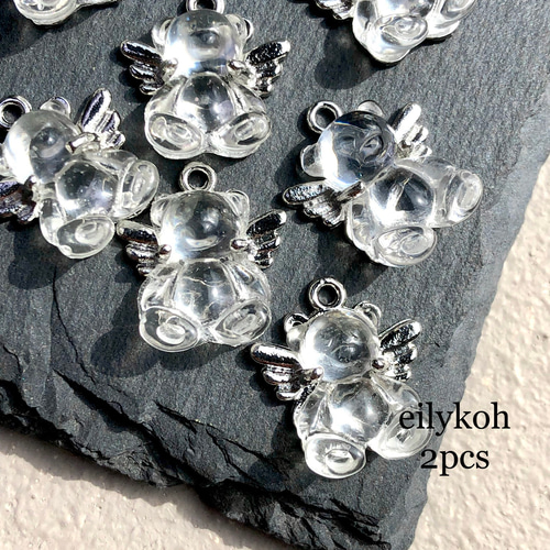 2個/ 天使の羽 くまちゃん チャーム クリア ライトブルー CH391