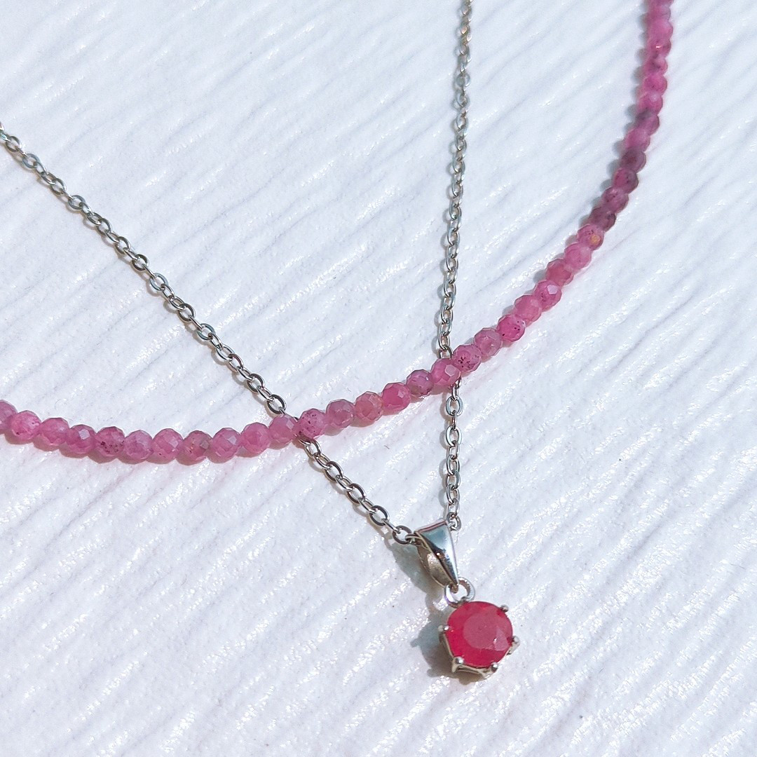 【ネックレス 2本セット】ルビー 小粒天然石の一連ネックレス / ペンダント✶7月の誕生石