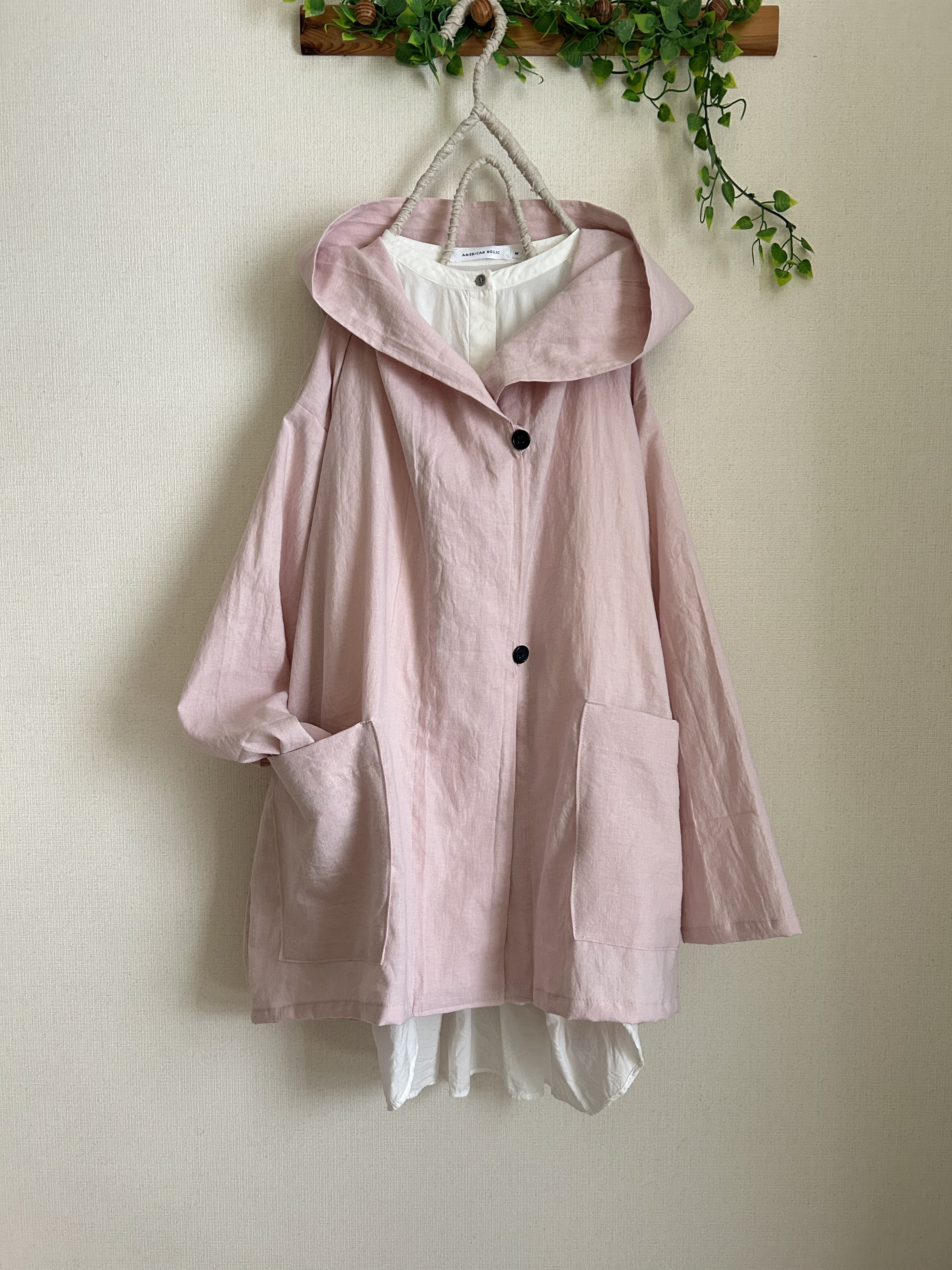 夏やわらかペールピンクcottonリネンフード付ジャケット