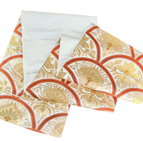 未使用帯】青海波花文/本袋帯白馬錦/152㎝（60in）/正絹/金糸/帯