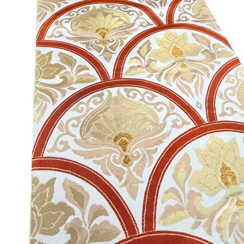 未使用帯】青海波花文/本袋帯白馬錦/152㎝（60in）/正絹/金糸/帯