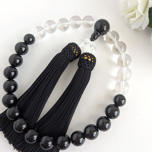 男性用/主玉12mm】オニキス＆水晶・モノトーンの数珠・略式念珠/正絹