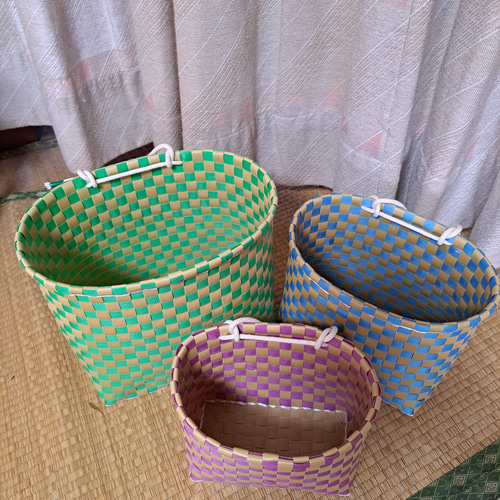 PPバンドかご 格子編みはけご大、小、ミニ 3個セット 模様b かごバッグ