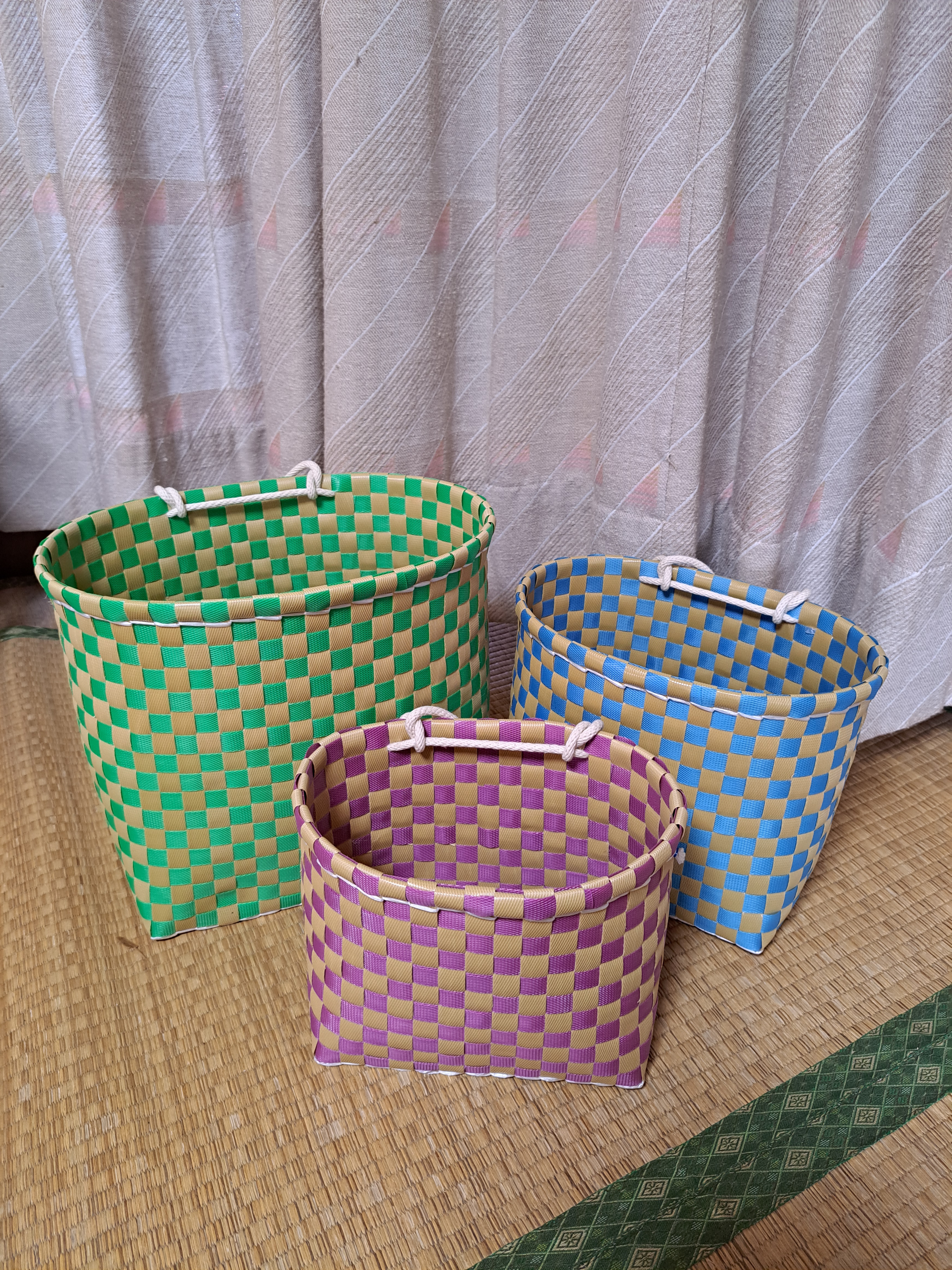 PPバンドかご　格子編みはけご大、小、ミニ　3個セット　模様b
