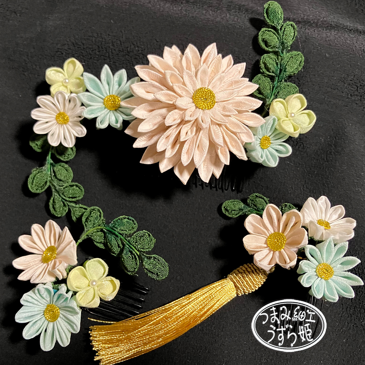 正絹3点セット パステルブーケ 大きい半クス剣菊のコーム かんざし つまみ細工   和装 成人式 前撮 卒業式