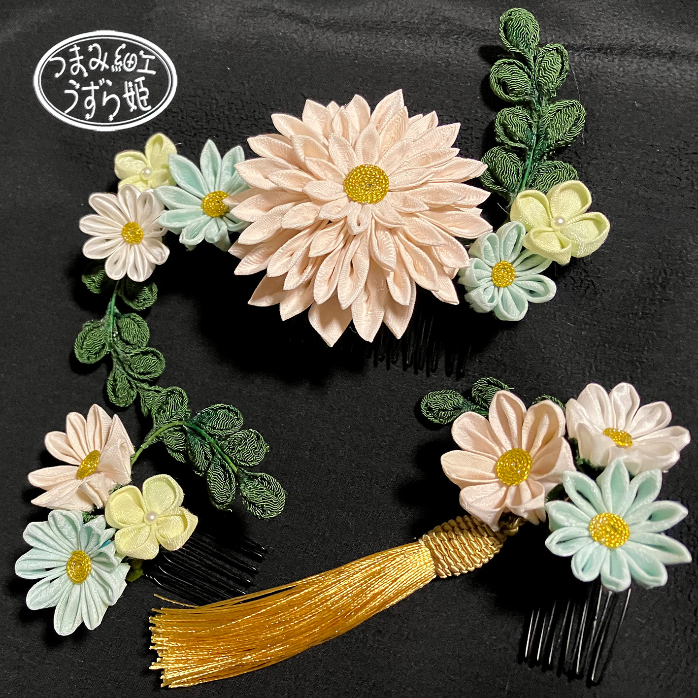 正絹3点セット パステルブーケ 大きい半クス剣菊のコーム かんざし つまみ細工   和装 成人式 前撮 卒業式