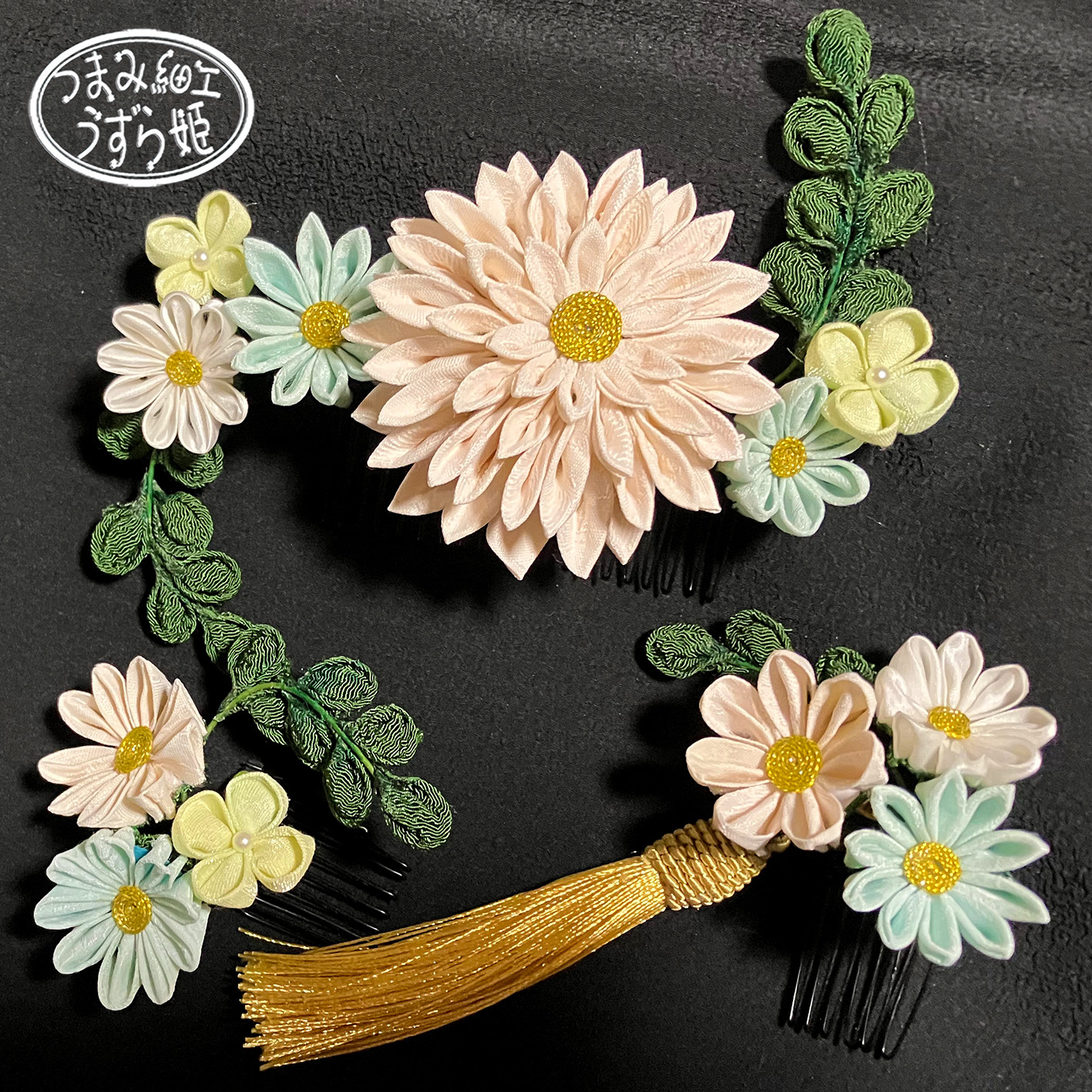 正絹3点セット パステルブーケ 大きい半クス剣菊のコーム かんざし つまみ細工   和装 成人式 前撮 卒業式