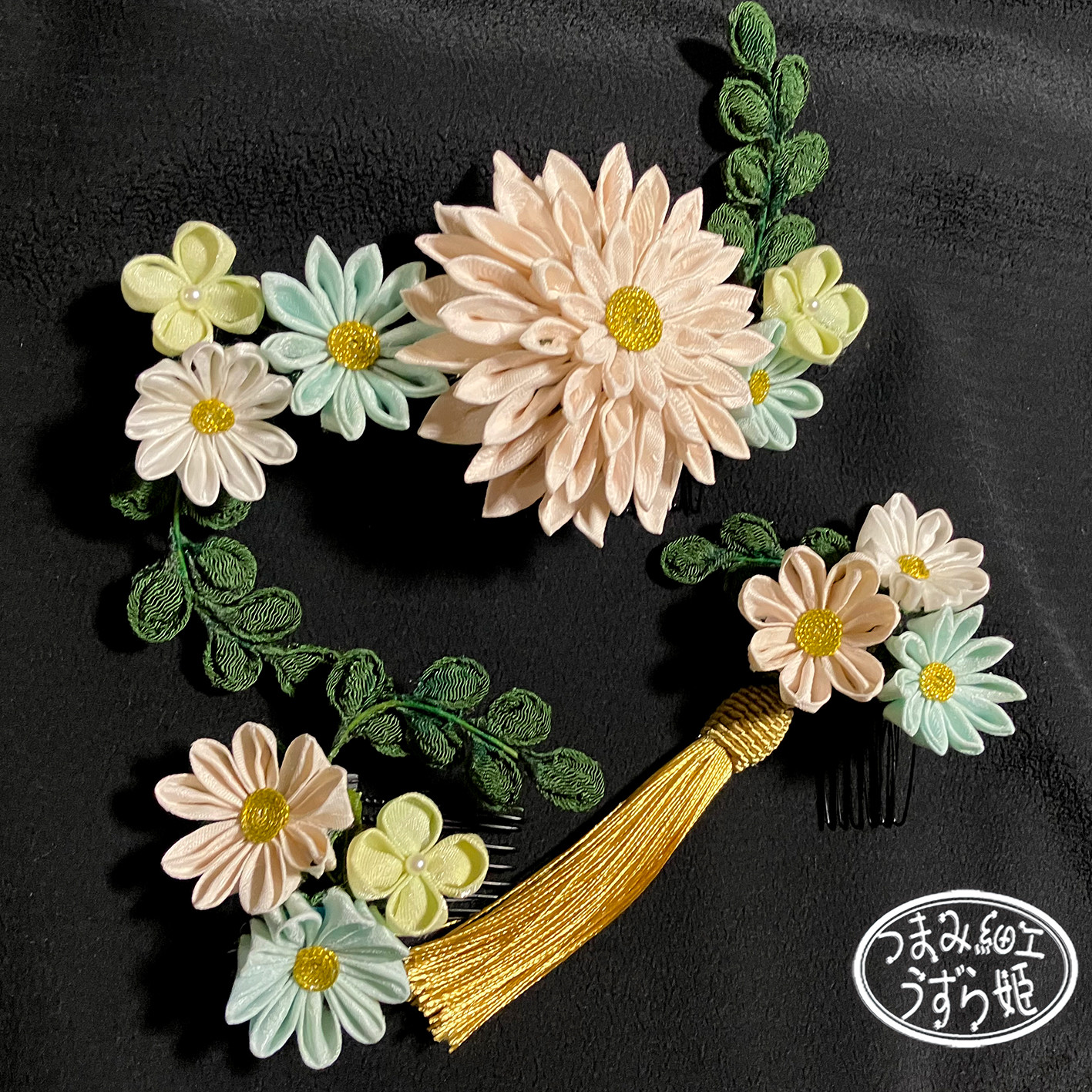 正絹3点セット パステルブーケ 大きい半クス剣菊のコーム かんざし つまみ細工   和装 成人式 前撮 卒業式