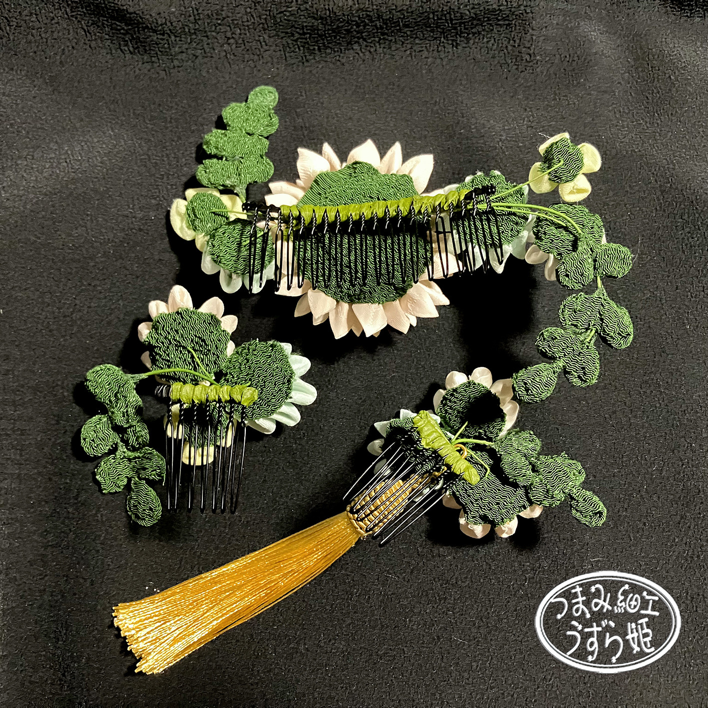 正絹3点セット パステルブーケ 大きい半クス剣菊のコーム かんざし つまみ細工   和装 成人式 前撮 卒業式