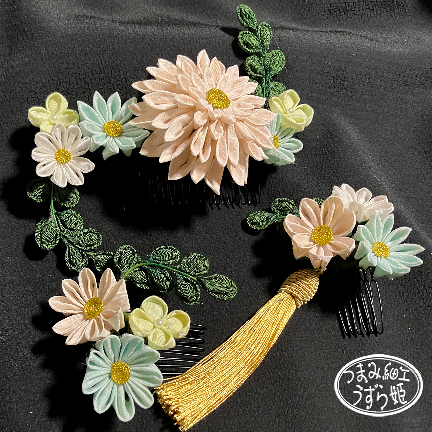 正絹3点セット パステルブーケ 大きい半クス剣菊のコーム かんざし つまみ細工   和装 成人式 前撮 卒業式