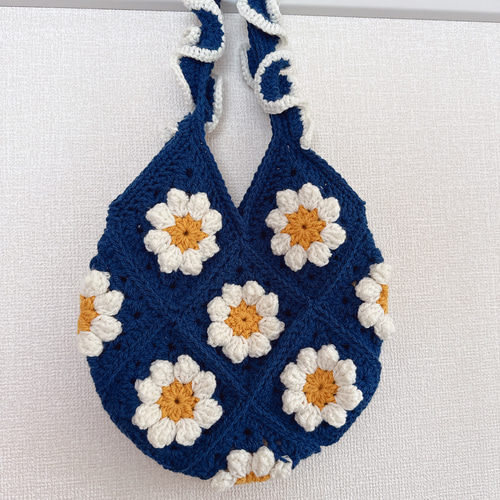 グラニースクエアバッグ お花モチーフ【ブルー】 かぎ針編み