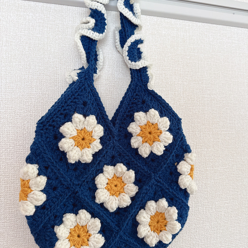 グラニースクエアバッグ お花モチーフ【ブルー】 かぎ針編み