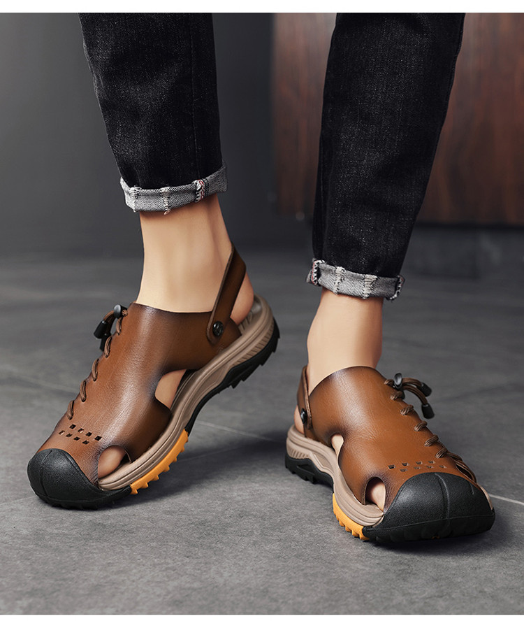 カモシカサンダル男性本革軟底両用外履きヘッドコート牛革スリッパ防臭厚底パパビーチシューズ