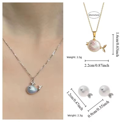 7デザイン天然淡水パール×海の仲間 ネックレス＆ピアス｜魚・カニ