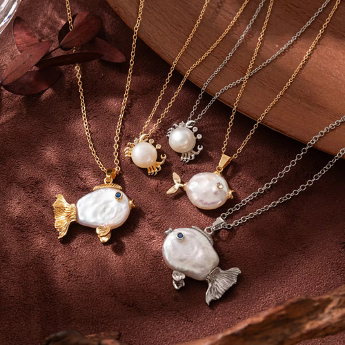 7デザイン天然淡水パール×海の仲間 ネックレス＆ピアス｜魚・カニ