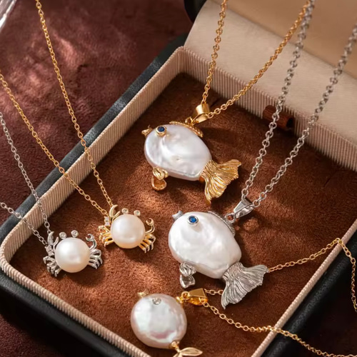 7デザイン天然淡水パール×海の仲間 ネックレス＆ピアス｜魚・カニ