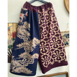 浴衣リメイクスカート【涼】綿 ハンドメイド 和柄 手ぬぐい 猫柄(七夕柄）の手ぬぐいと浴衣の柿渋染めスカート 手ぬぐい