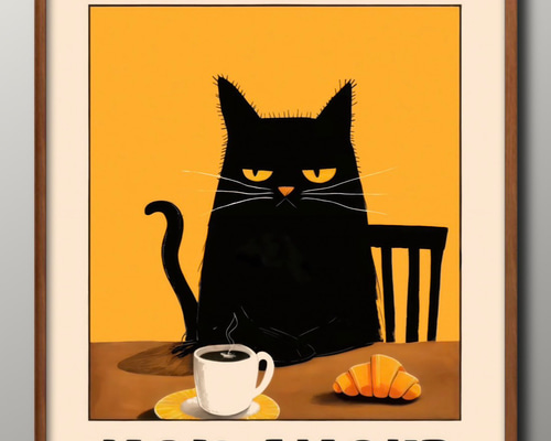 15894□ポスター アート 『黒猫 ネコ コーヒータイム BONJOUR MON