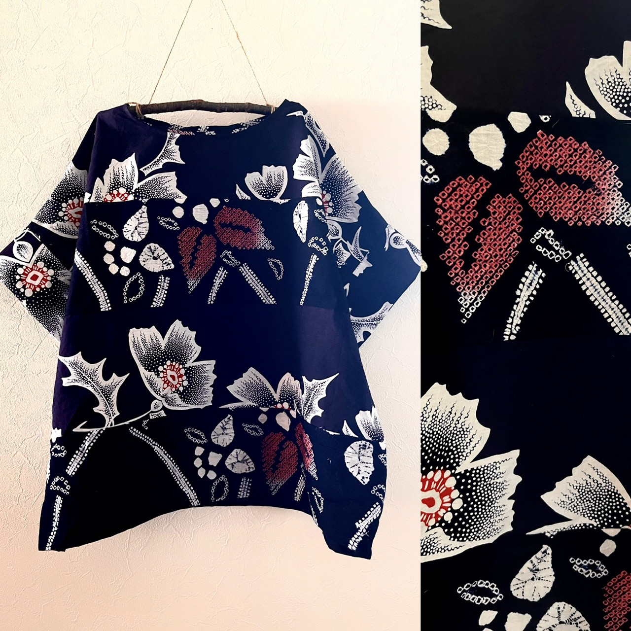 有松絞りと浴衣の　パッチワークトップス　着物リメイク