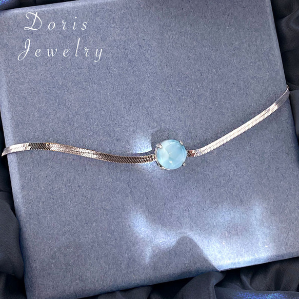 『小さな海を、ひと粒に』 一粒ラリマーのブレスレット　ヘリンボーンチェーン　シルバー925 ネコポス送料無料 1枚目の画像