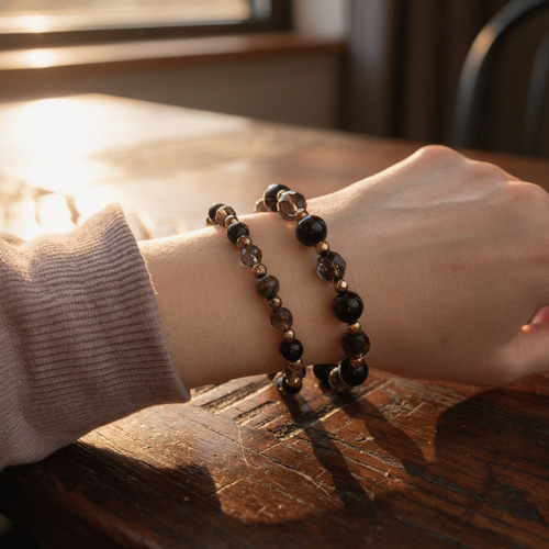 天然石ブレススタンド モリオン チベット産 スモーキークォーツ 虹　Amulet 最強守護 《モリオン×スモーキークォーツ×ヘマタイト》不安・人間関係