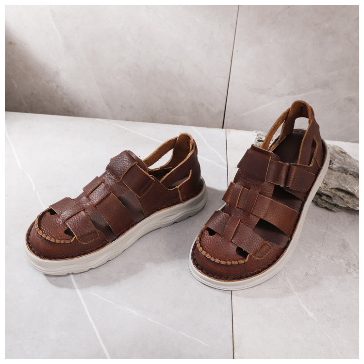 サンダル男性本革包頭軽量カジュアル厚底ダンパー透かし冷革靴通気穴あき靴ビーチシューズ