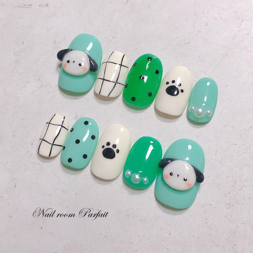 緑わんこネイル♡ アニマルネイル 3Dネイル かわいいネイル ネイル