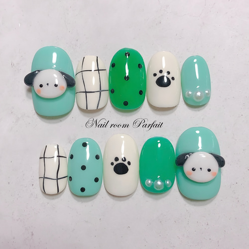 緑わんこネイル♡ アニマルネイル 3Dネイル かわいいネイル ネイル