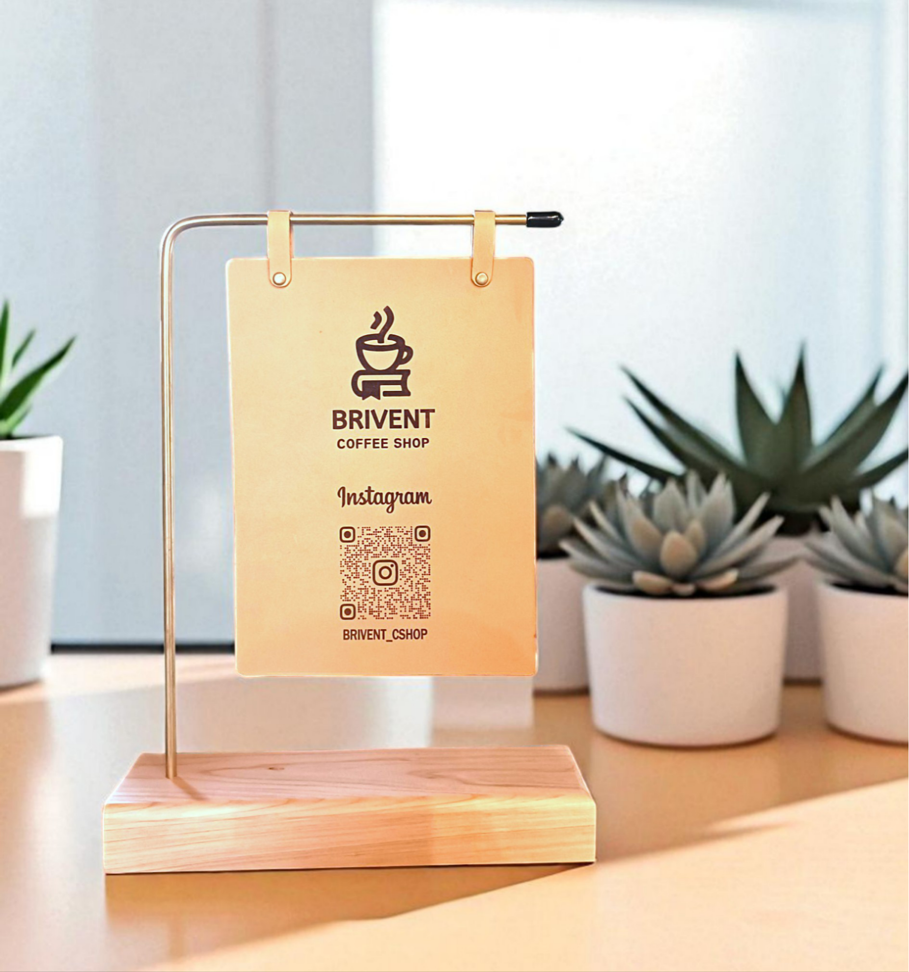 【レザーのQRコードスタンド】　檜スタンド　看板　店舗用品　開店祝い　革　おしゃれ　アイアン
