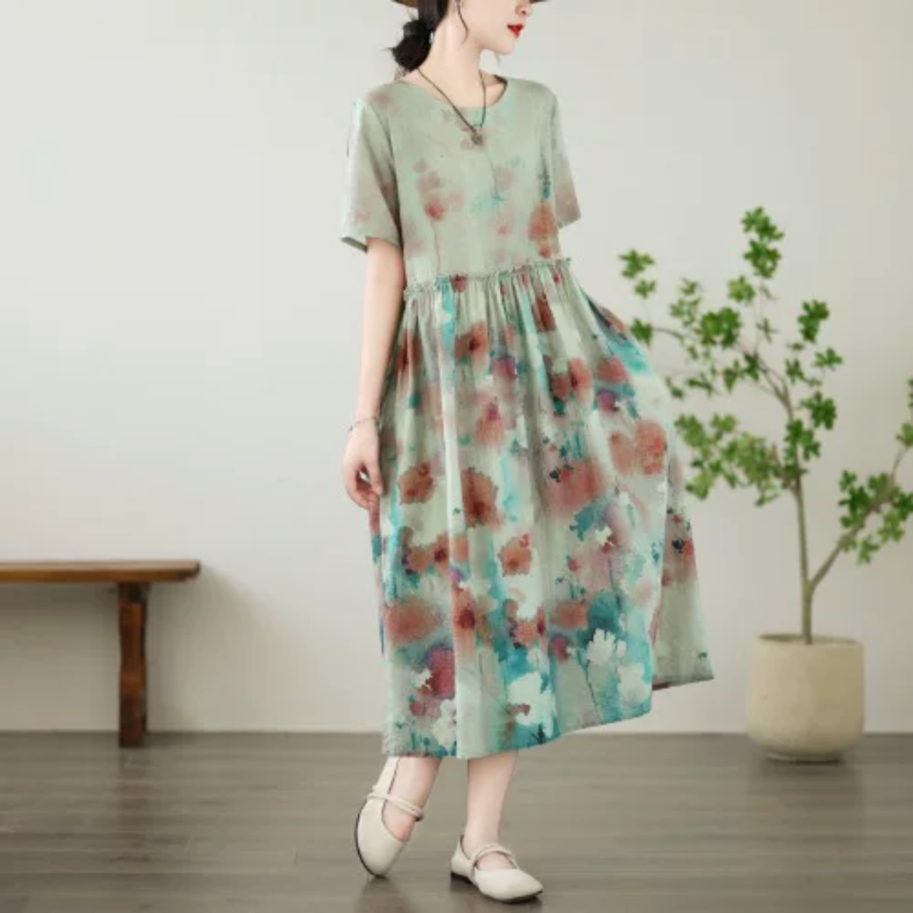 夏 のワンピース、コットンリネンワンピース、綿麻ワンピース、コットンワンピース