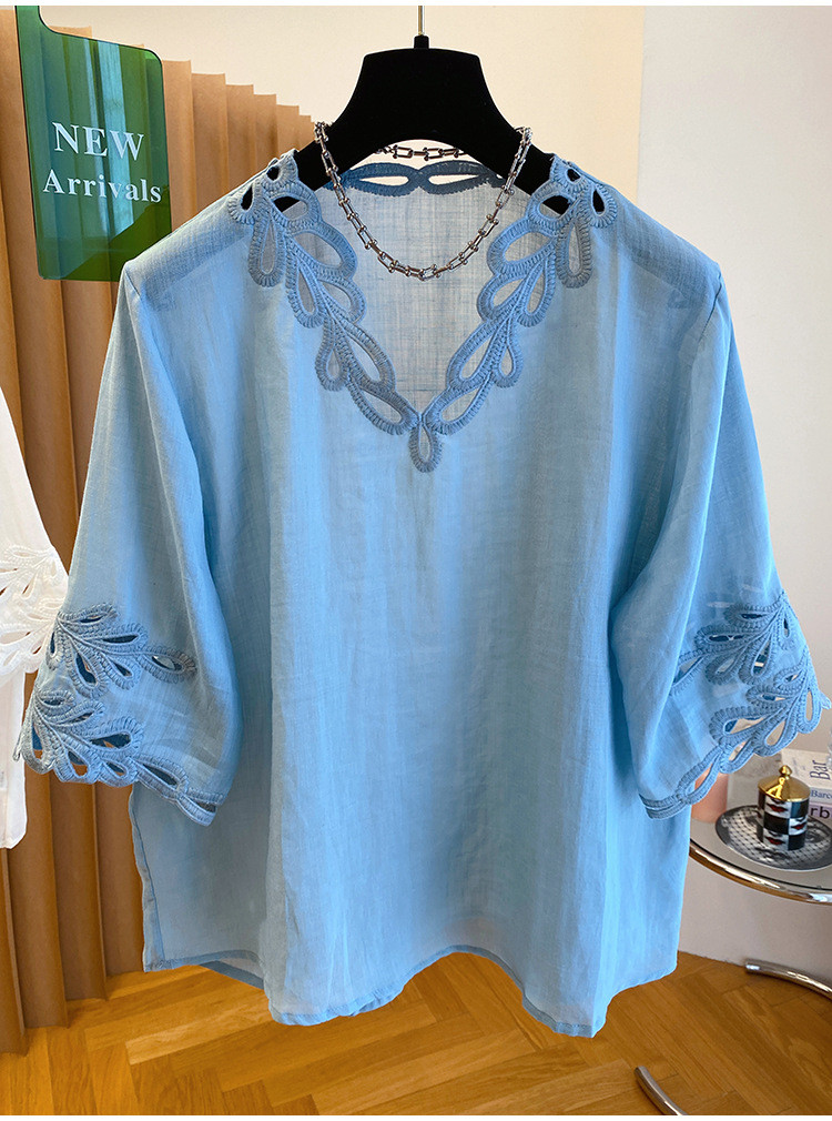 控えめな高級感のブルー透け織り半袖【返品・交換可】品質最優先25-183