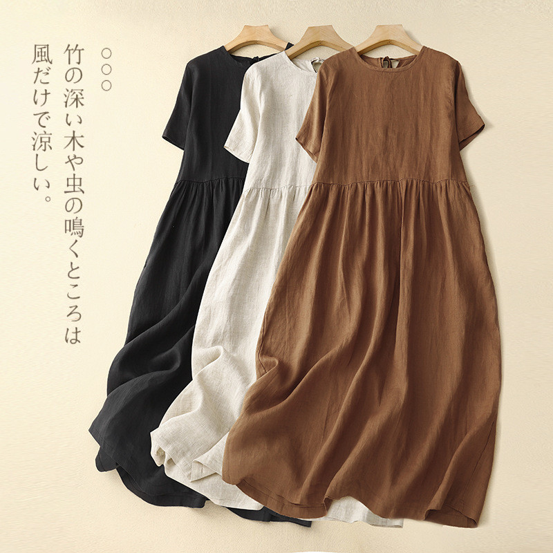 夏の新作木綿麻文芸的な丸首ワンピース  返品・交換可】品質最優先25-184
