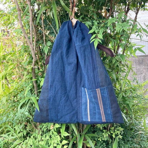 古布リメイク　ハンドメイド　藍染いろいろ　ワンハンドルトートバッグ 古布リメイク 手作り 藍染色々 雪ん子絣 型染め 縦型トート