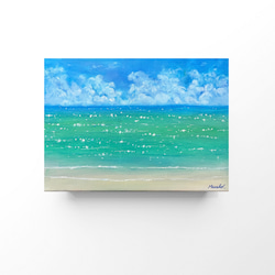 油絵 原画 オリジナル 「エメラルドグリーンの海と鴎」 送料無料