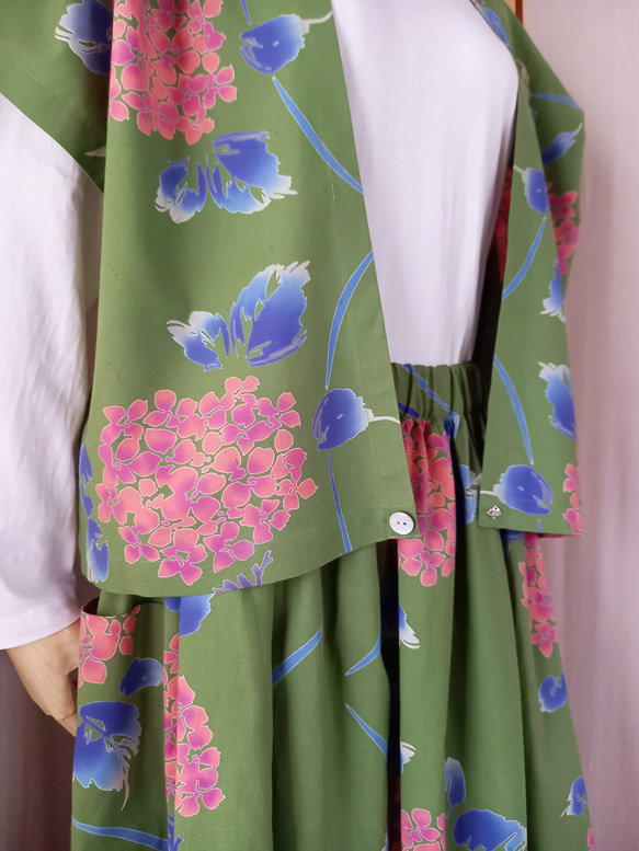 Vあきベスト&ギャザースカートのセットアップ★カーキ色紫陽花 9枚目の画像