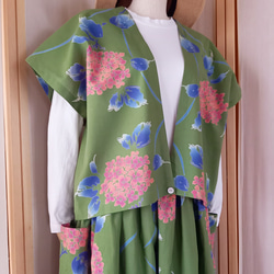 Vあきベスト&ギャザースカートのセットアップ★カーキ色紫陽花 6枚目の画像