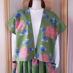 Vあきベスト&ギャザースカートのセットアップ★カーキ色紫陽花 5枚目の画像