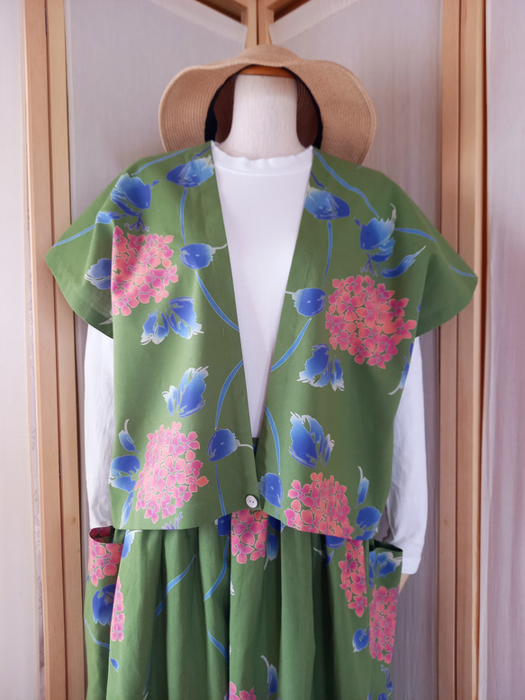 Vあきベスト&ギャザースカートのセットアップ★カーキ色紫陽花 5枚目の画像