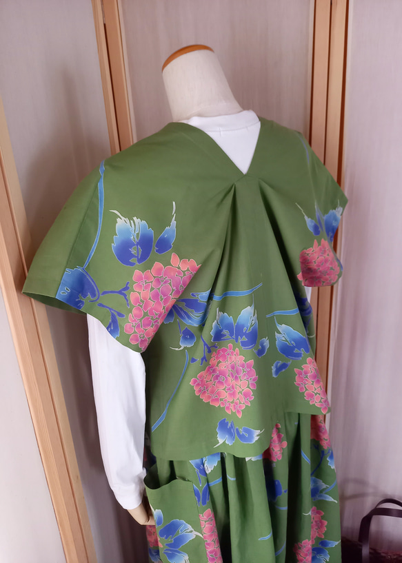 Vあきベスト&ギャザースカートのセットアップ★カーキ色紫陽花 7枚目の画像