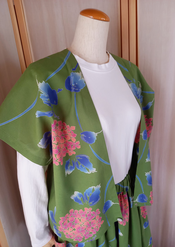 Vあきベスト&ギャザースカートのセットアップ★カーキ色紫陽花 8枚目の画像