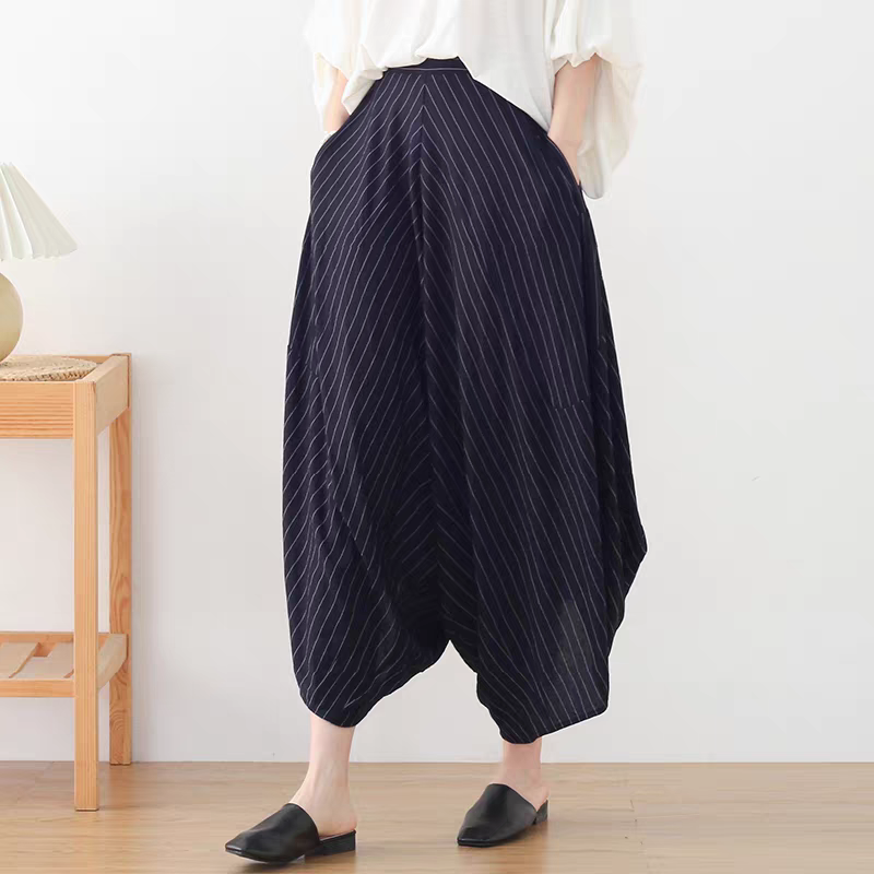 ふくらはぎを美しく見せる前後差デザイン☆ストライプ柄アラジンパンツ