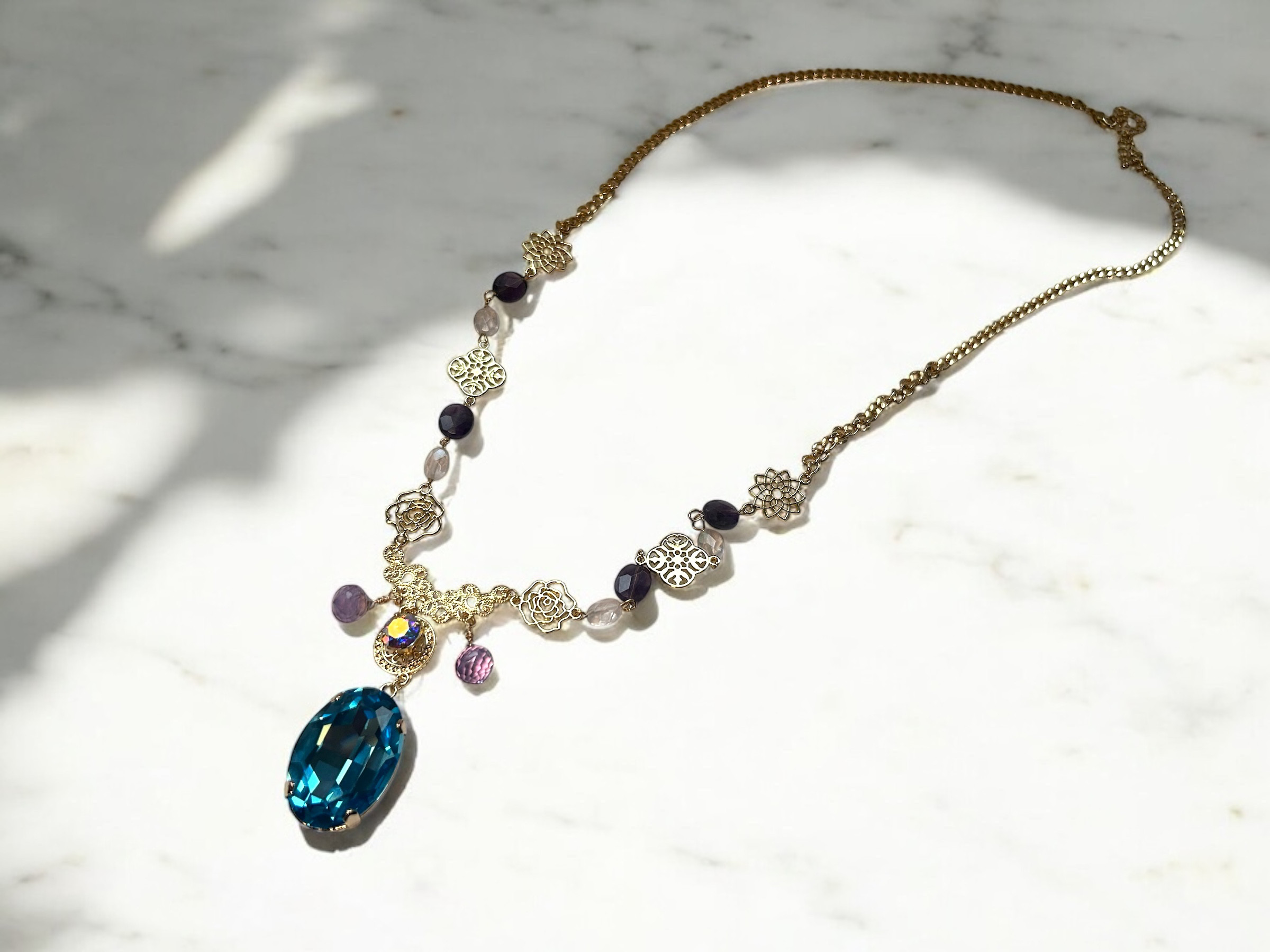 アメジスト✖️ローズクォーツブルークリスタルネックレス60cmOCEAN STONE