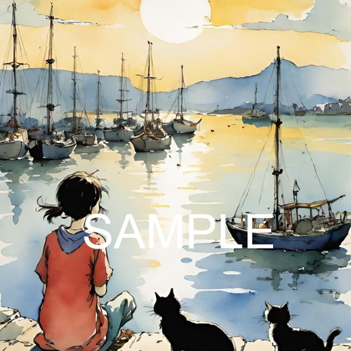 港で船と海の夕陽を見ている少女と猫(オリジナルイラスト)A4 №s-16923